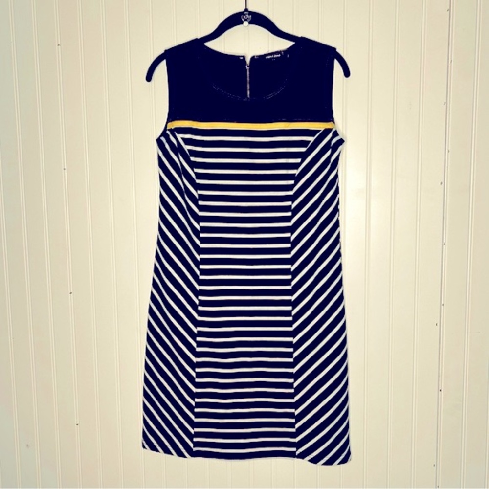 Point Zero Y2K Navy Blue White Striped Mini Dress With Denim Upper Size Small